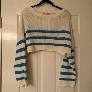 Zara Women's Cropped Sweater - Cream and Blue Stripes
